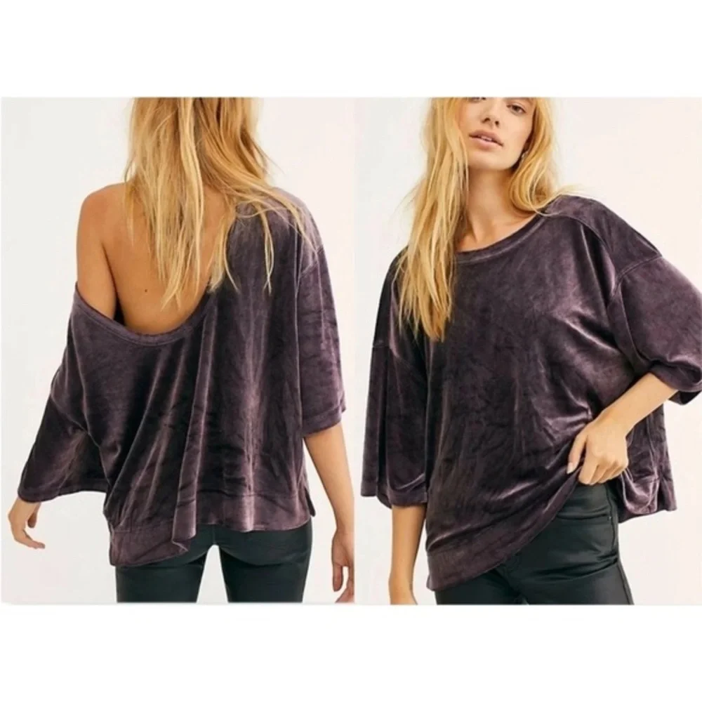 Free People Valerie Navy Velvet Short Sleeve Tee Top Purple Medium